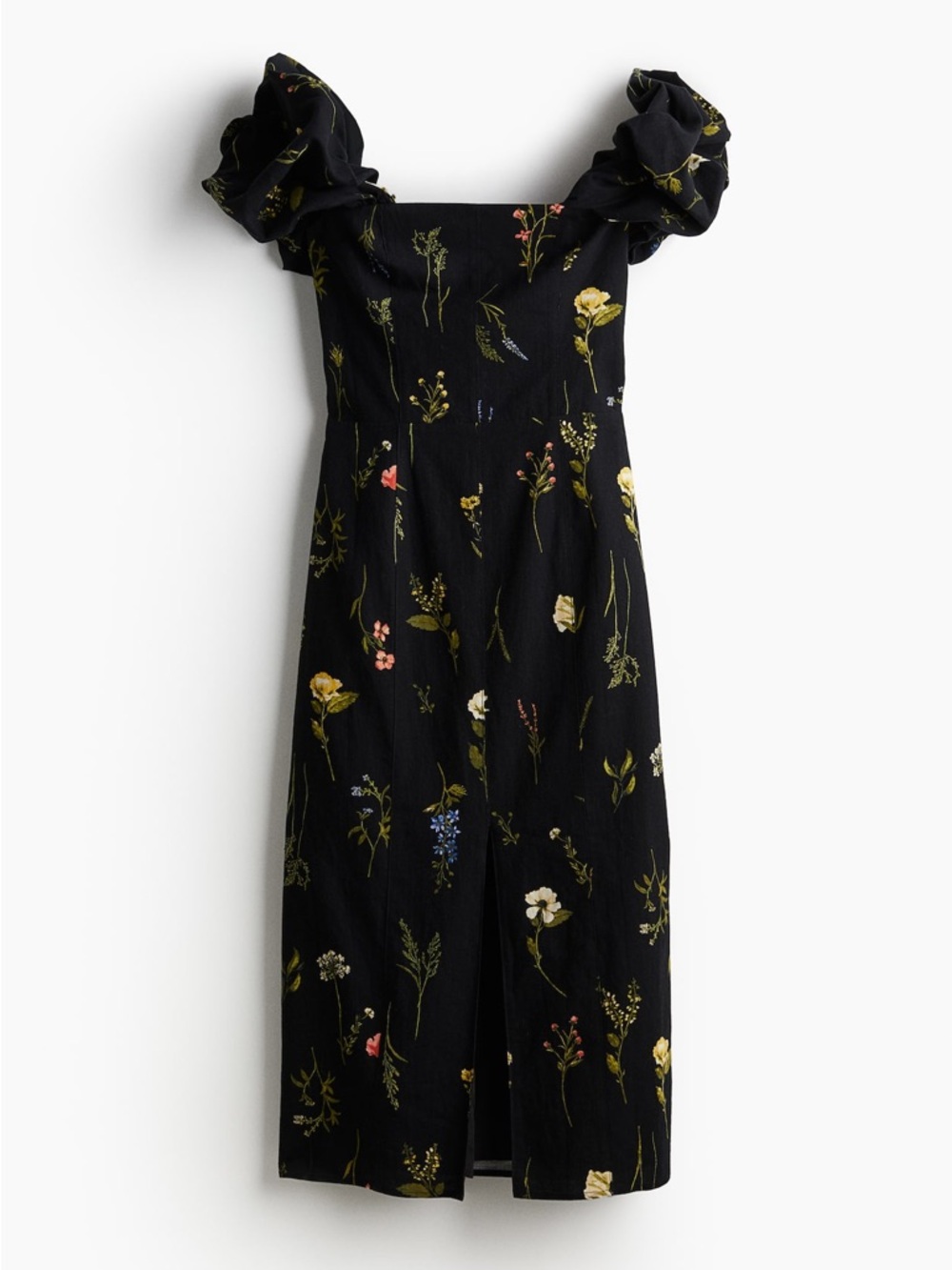 H&M | Linen Blend Black Floral Off Shoulder Puff-Sleeve Midi Dress | NWT| Size S